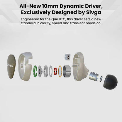 Exploded view of SIVGA Que UTG 10mm dynamic driver showcasing internal components for enhanced sound clarity and transient response.