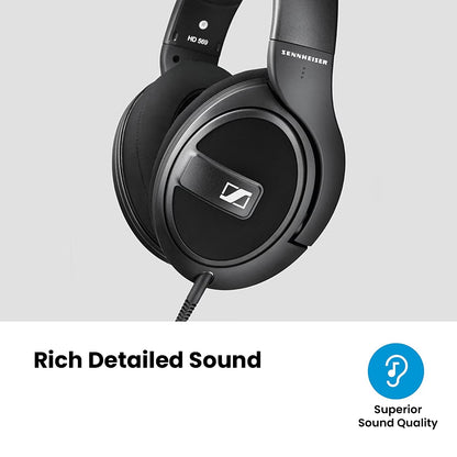 Sennheiser HD 569 headphones showcasing rich detailed sound and closed-back design for superior audio performance in over-ear wired headphones.