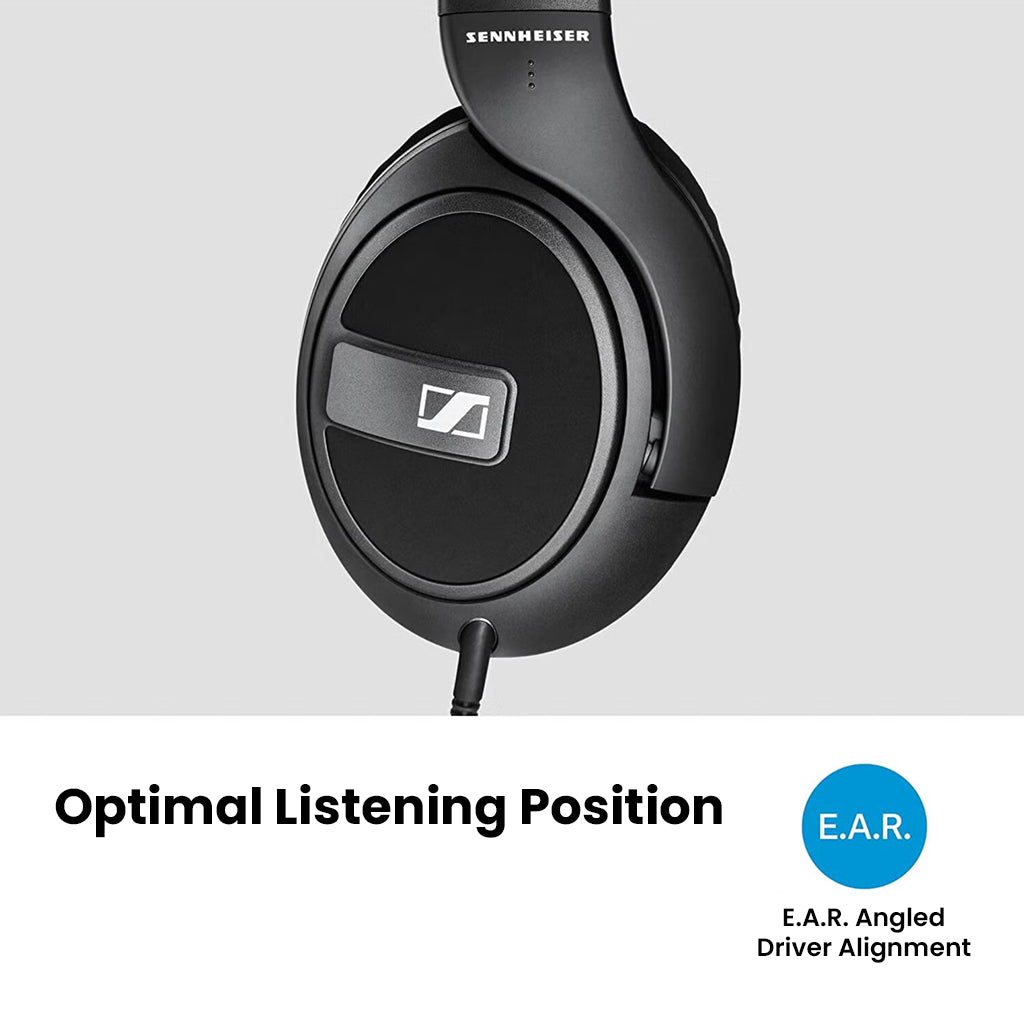 Close-up of Sennheiser HD 569 headphones highlighting E.A.R. angled driver alignment for optimal listening position and enhanced audio clarity.
