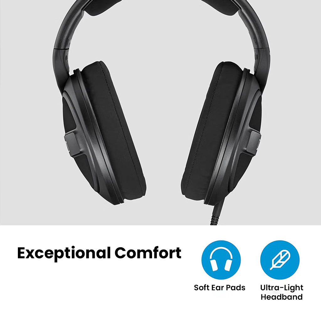 Front view of Sennheiser HD 569 headphones featuring soft ear pads and ultra-light headband for exceptional comfort during extended use.