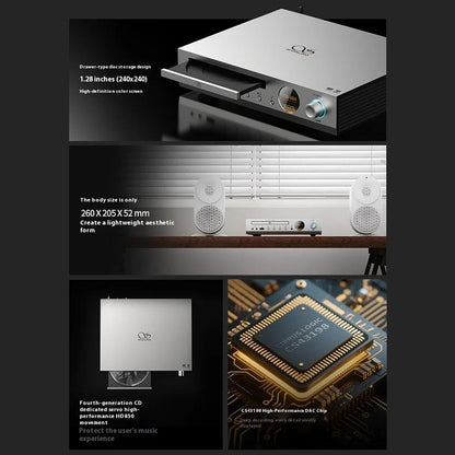 Shanling CD80II CD Player with drawer-type disc tray, compact 260x205x52mm size, and CS43198 DAC chip for high-resolution audio performance.