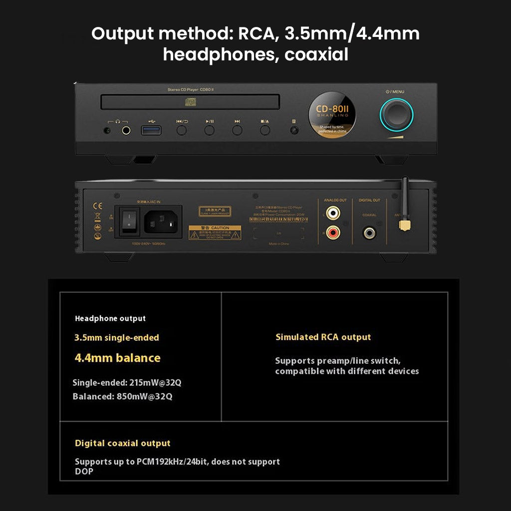 Shanling CD80II CD Player output options include RCA, 3.5mm, 4.4mm headphone jacks, and coaxial digital out supporting PCM192kHz/24bit.
