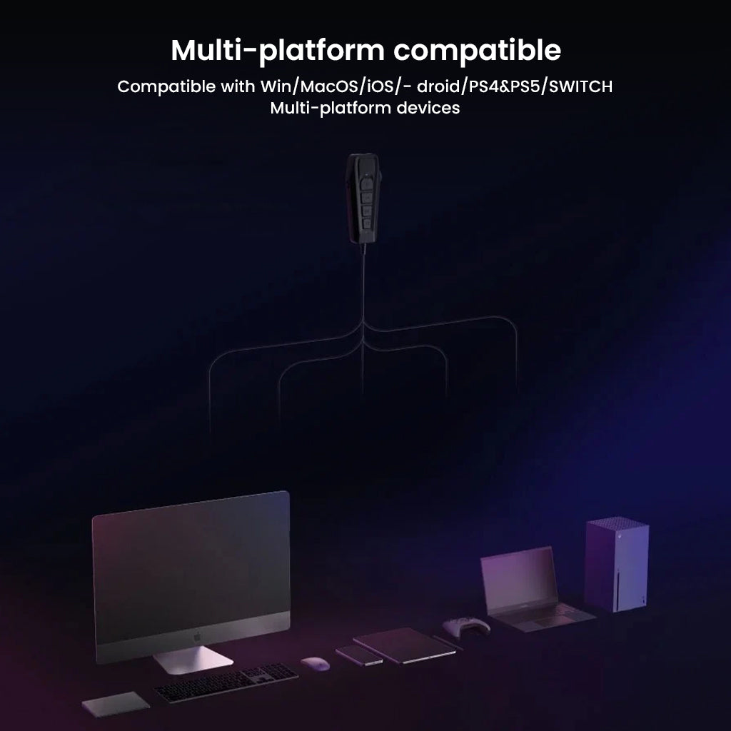 SIMGOT GEW1 USB Gaming Sound Card supports multi-platform devices including Windows, MacOS, iOS, Android, PS4/5, and Switch.