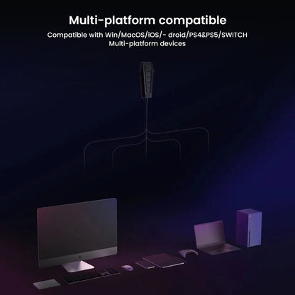 SIMGOT GEW1 USB Gaming Sound Card supports multi-platform devices including Windows, MacOS, iOS, Android, PS4/5, and Switch.