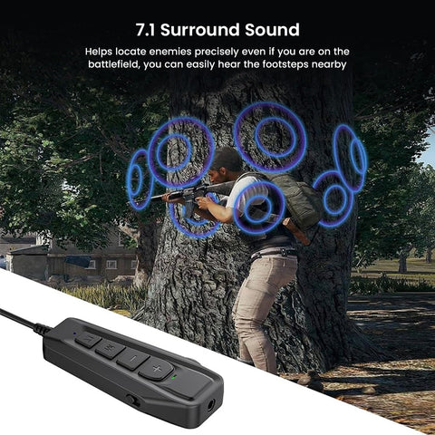 SIMGOT GEW1 USB Gaming Sound Card enhances 7.1 surround sound for precise enemy location in FPS games, boosting spatial awareness.