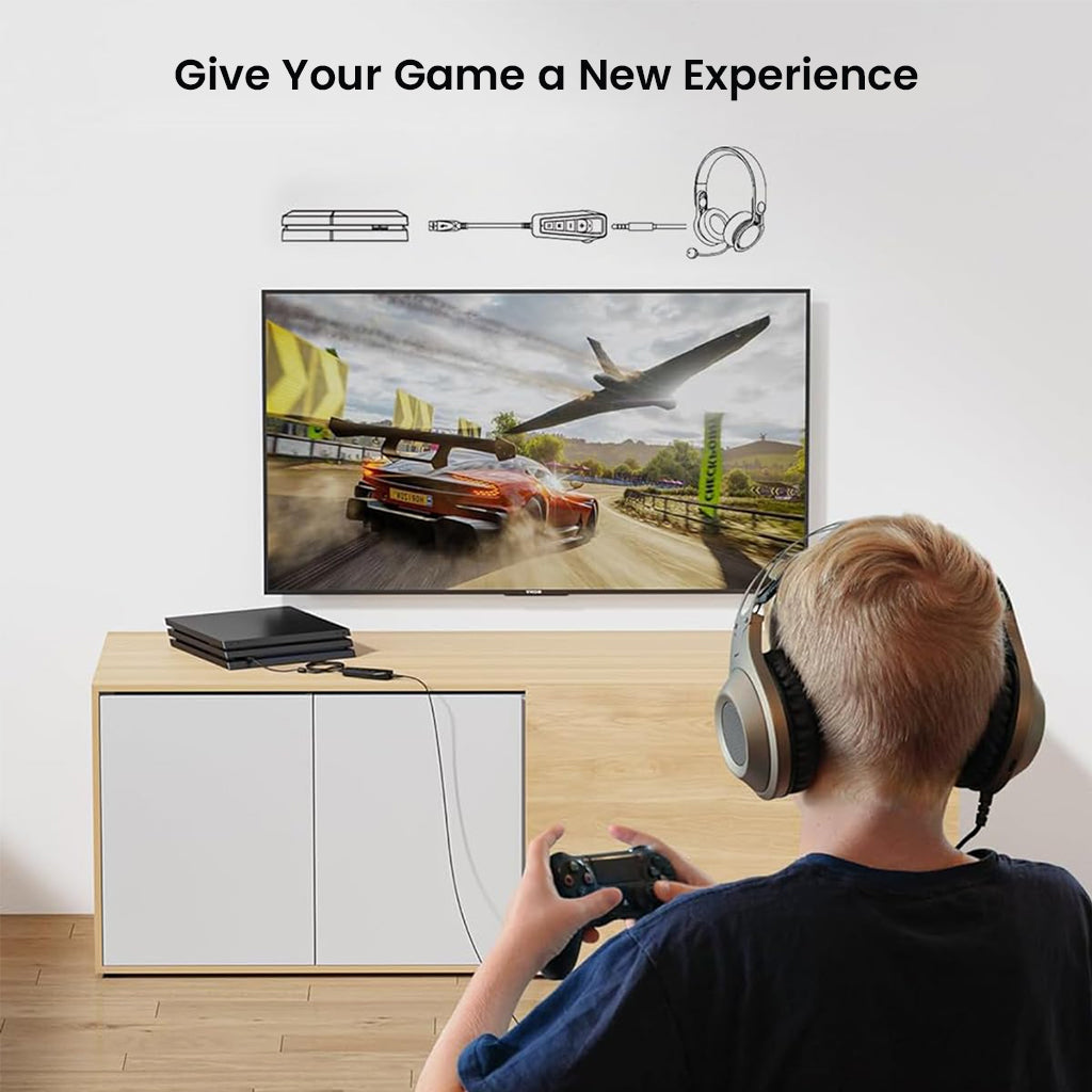 Child gaming with SIMGOT GEW1 USB Sound Card connected to console and headphones, offering upgraded audio experience for racing games.