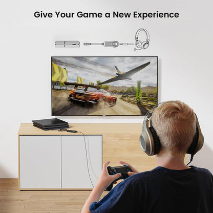 Child gaming with SIMGOT GEW1 USB Sound Card connected to console and headphones, offering upgraded audio experience for racing games.