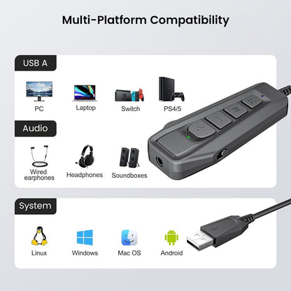 SIMGOT GEW1 USB Gaming Sound Card features multi-platform compatibility with PC, Mac, PS4/5, Switch, and Android for versatile audio use.
