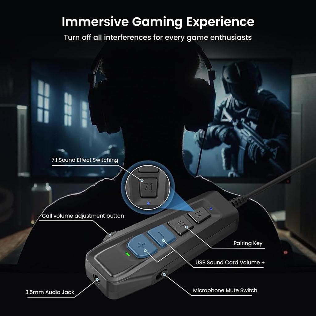 Immersive gaming with SIMGOT GEW1 USB Sound Card featuring 7.1 sound effect switch, mute button, and volume control for enhanced gameplay.