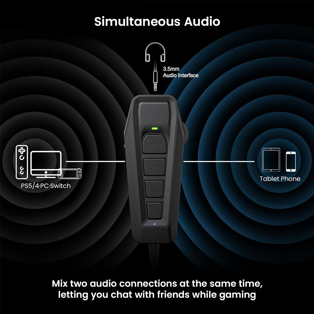 SIMGOT GEW1 USB Gaming Sound Card enables simultaneous audio from two sources, ideal for chatting and gaming at the same time.
