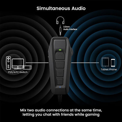 SIMGOT GEW1 USB Gaming Sound Card enables simultaneous audio from two sources, ideal for chatting and gaming at the same time.