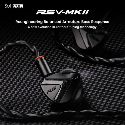 Close-up of Softears RSV-MKII IEM highlighting reengineered balanced armature bass response and advanced tuning technology.