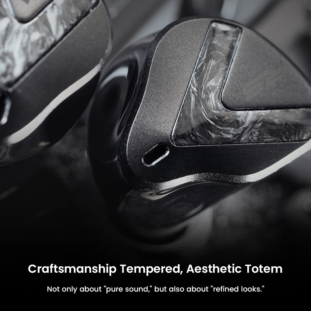 Macro shot of Softears RSV-MKII showcasing refined craftsmanship and aesthetic design with carbon fiber accents.