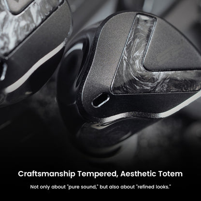 Macro shot of Softears RSV-MKII showcasing refined craftsmanship and aesthetic design with carbon fiber accents.