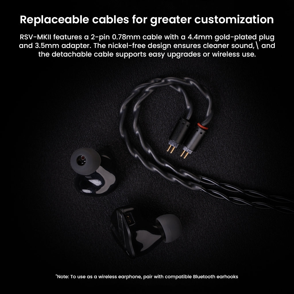 Softears RSV-MKII features detachable 2-pin 0.78mm cables with 4.4mm gold-plated plug and 3.5mm adapter for flexible connectivity.