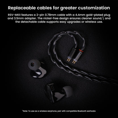 Softears RSV-MKII features detachable 2-pin 0.78mm cables with 4.4mm gold-plated plug and 3.5mm adapter for flexible connectivity.