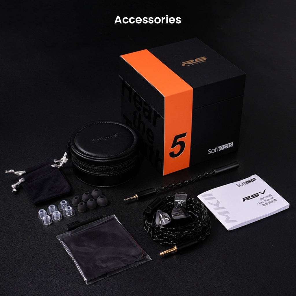 Full accessory set for Softears RSV-MKII including eartips, cables, carrying case, and user manual for premium unboxing experience.