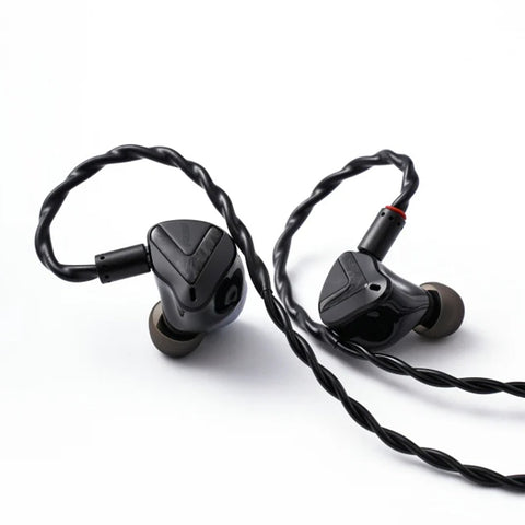 Softears RSV-MKII IEMs with braided cable attached, showcasing ergonomic design and premium build for audiophile-grade in-ear monitoring.