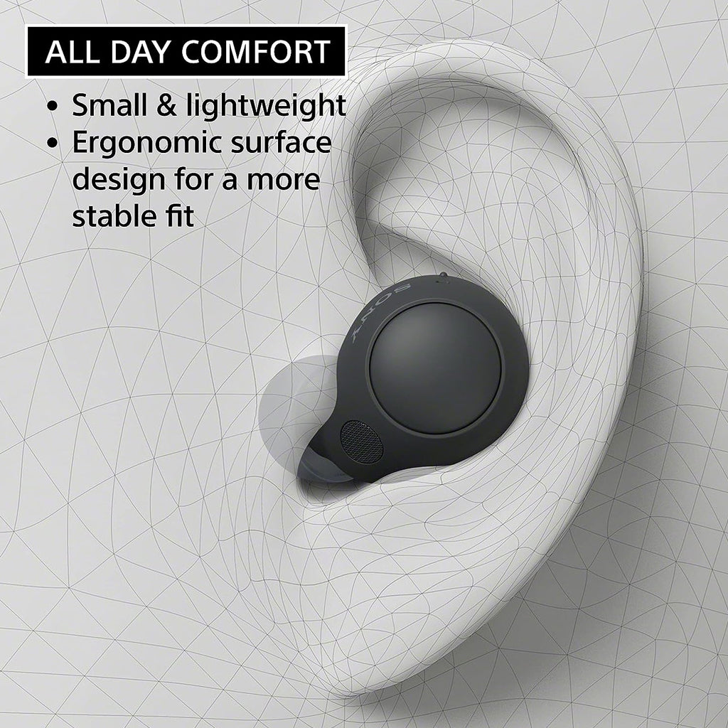 Sony WFC700N True Wireless Earbuds shown in ear with ergonomic fit, lightweight design, and stable wear for all-day comfort.