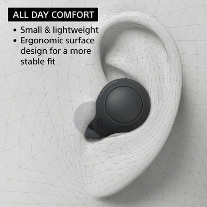Sony WFC700N True Wireless Earbuds shown in ear with ergonomic fit, lightweight design, and stable wear for all-day comfort.