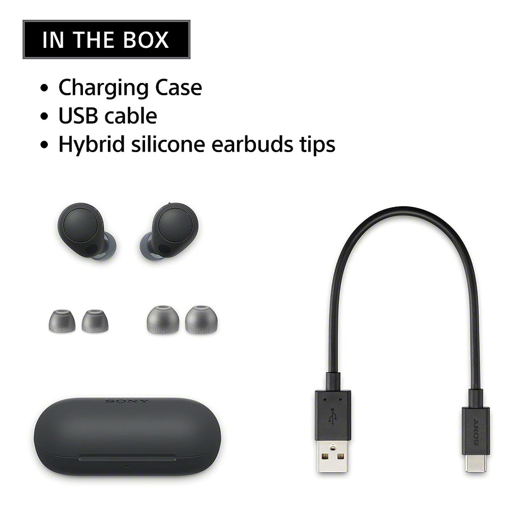 Sony WFC700N earbuds package contents including charging case, USB cable, and silicone tips, perfect for gifting and everyday use.