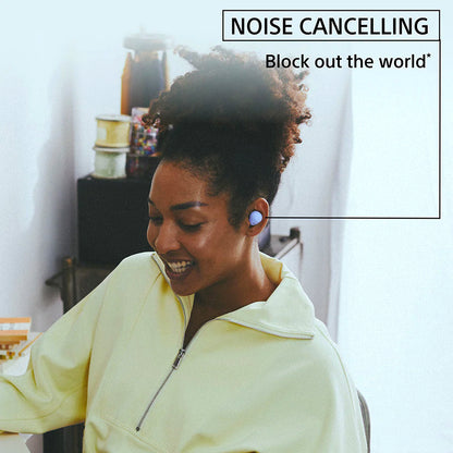 User wearing Sony WFC700N lavender earbuds with noise cancelling feature, ideal for distraction-free listening and remote work.