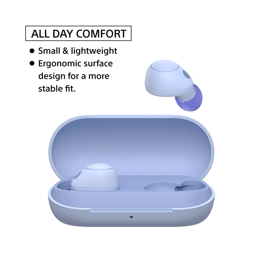 Sony WFC700N earbuds in lavender case with ergonomic fit and lightweight build, designed for extended wear and comfort.