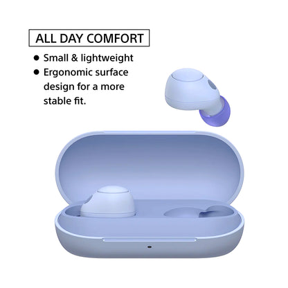 Sony WFC700N earbuds in lavender case with ergonomic fit and lightweight build, designed for extended wear and comfort.