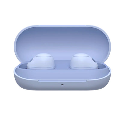 Sony WFC700N wireless earbuds in lavender charging case with sleek, compact design for easy portability and storage.