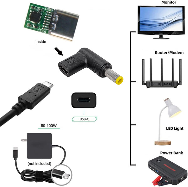TECPHILE - 100W Type C Female to Asus/Toshiba/ Lenovo/Fujitsu Laptop Adapter - 4