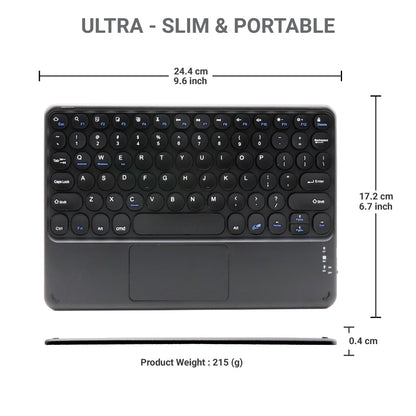 TECPHILE Keyboard - Ultra-slim and lightweight wireless Bluetooth keyboard with dimensions and weight specifications displayed.