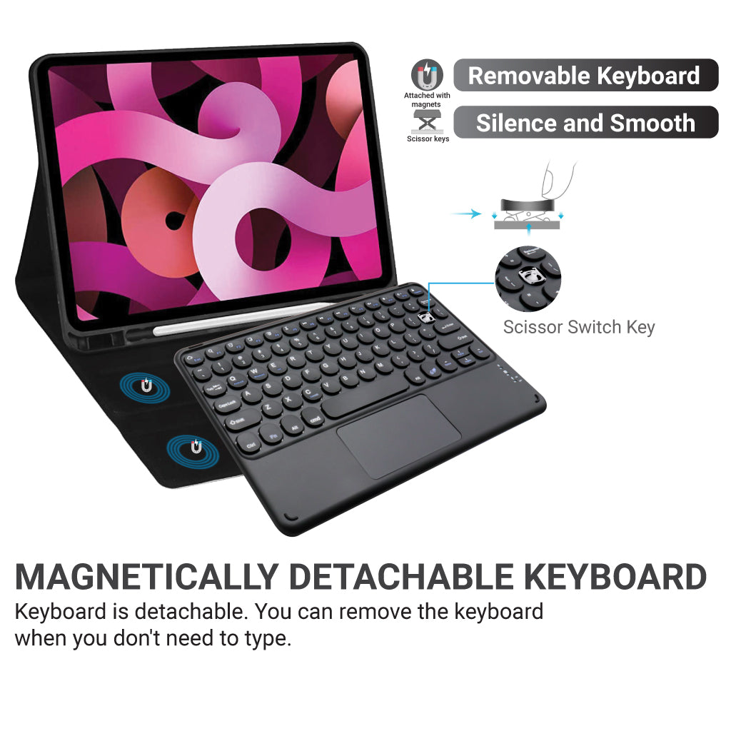 TECPHILE Wireless Keyboard shown magnetically detachable from tablet case, featuring scissor switch keys for silent typing.