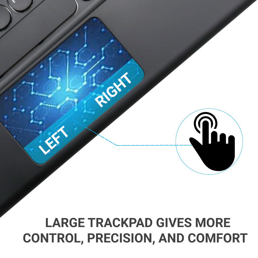 Close-up of TECPHILE Wireless Keyboard's large touchpad with left and right click zones for enhanced control and precision.