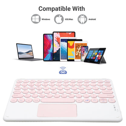 TECPHILE pink wireless keyboard compatible with Windows, iOS, Mac, and Android devices, shown with tablets and laptops.
