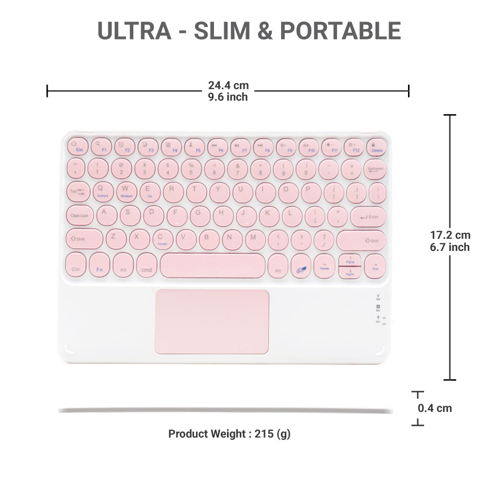 TECPHILE pink Bluetooth keyboard with ultra-slim design, lightweight build, and detailed size and weight measurements.