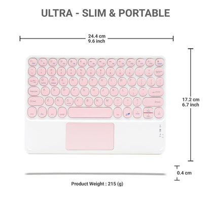 TECPHILE pink Bluetooth keyboard with ultra-slim design, lightweight build, and detailed size and weight measurements.