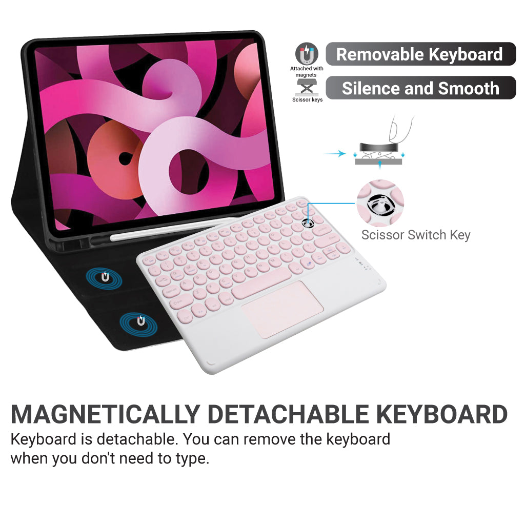 TECPHILE pink wireless keyboard shown detachable from tablet case, featuring quiet scissor switch keys for smooth typing.