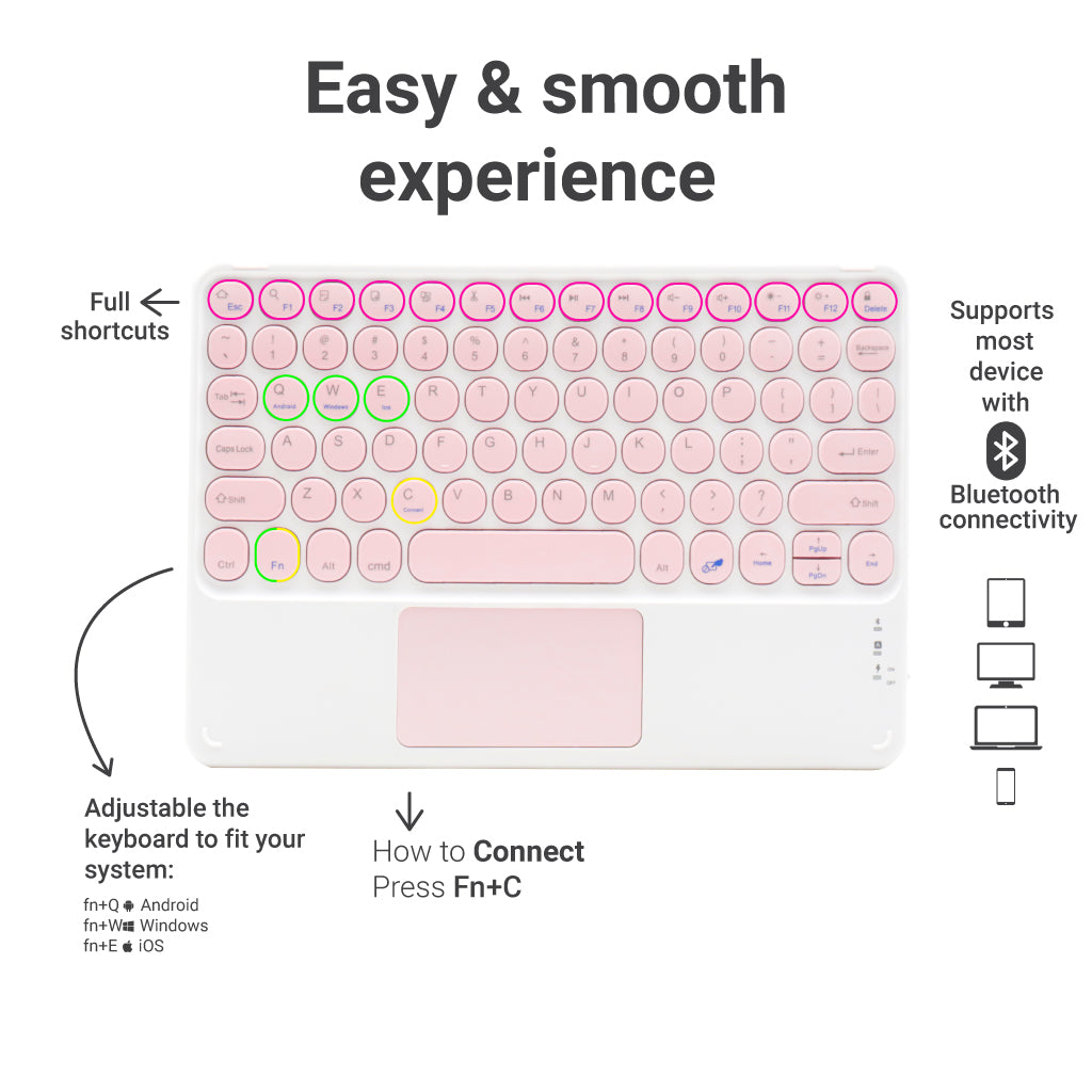 Top view of TECPHILE pink wireless keyboard with shortcut keys and Bluetooth connectivity instructions for multiple OS support.