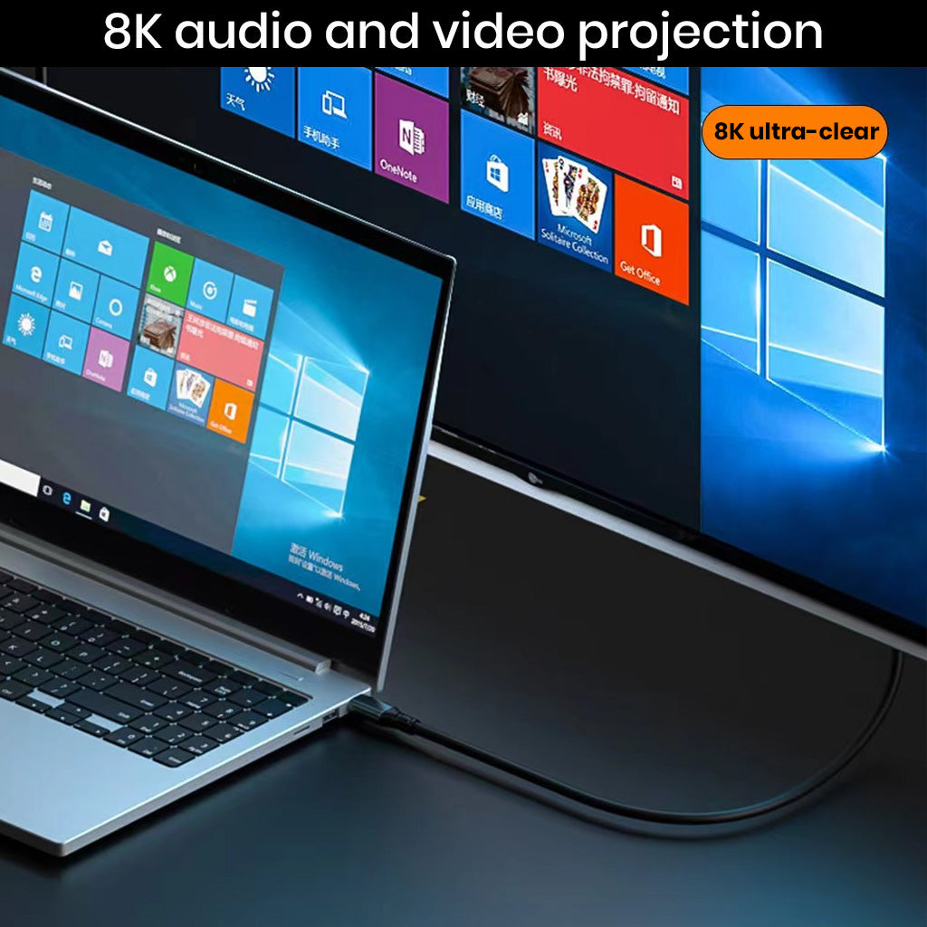 TECPHILE USB C 3.2 cable projecting 8K ultra-clear video from laptop to monitor, ideal for high-resolution audio-visual applications.