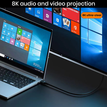 TECPHILE USB C 3.2 cable projecting 8K ultra-clear video from laptop to monitor, ideal for high-resolution audio-visual applications.
