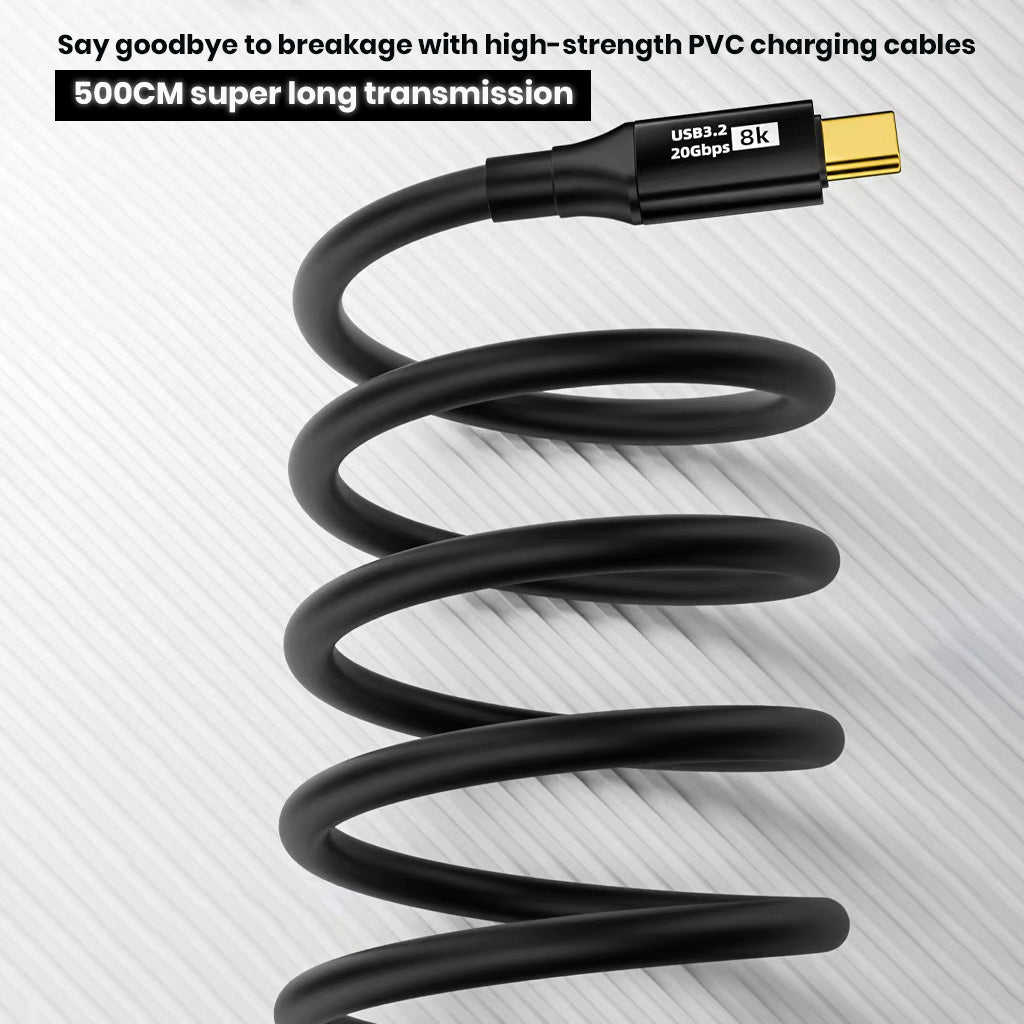 Close-up of TECPHILE USB C 3.2 cable with 500CM length and durable PVC design for long-distance, break-resistant data transmission.