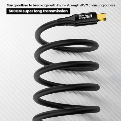 Close-up of TECPHILE USB C 3.2 cable with 500CM length and durable PVC design for long-distance, break-resistant data transmission.
