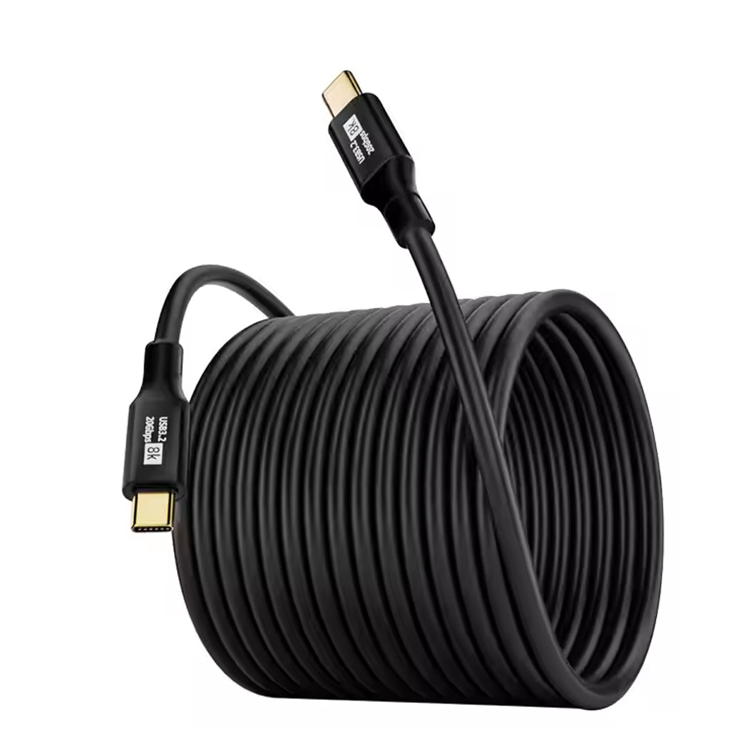Coiled TECPHILE USB C 3.2 5M cable with gold-plated connectors, supporting 8K@60Hz video and high-speed data for laptops and devices.