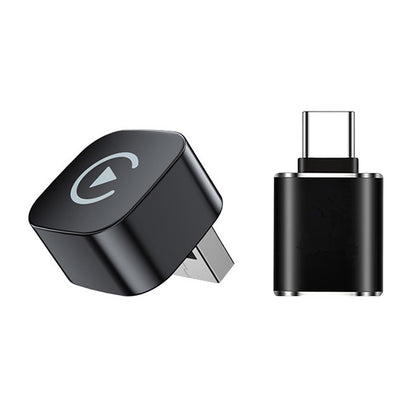 TECPHILE wireless car play adapter with USB-A and USB-C connectors for CarPlay & Android Auto conversion. Compact design for easy installation.