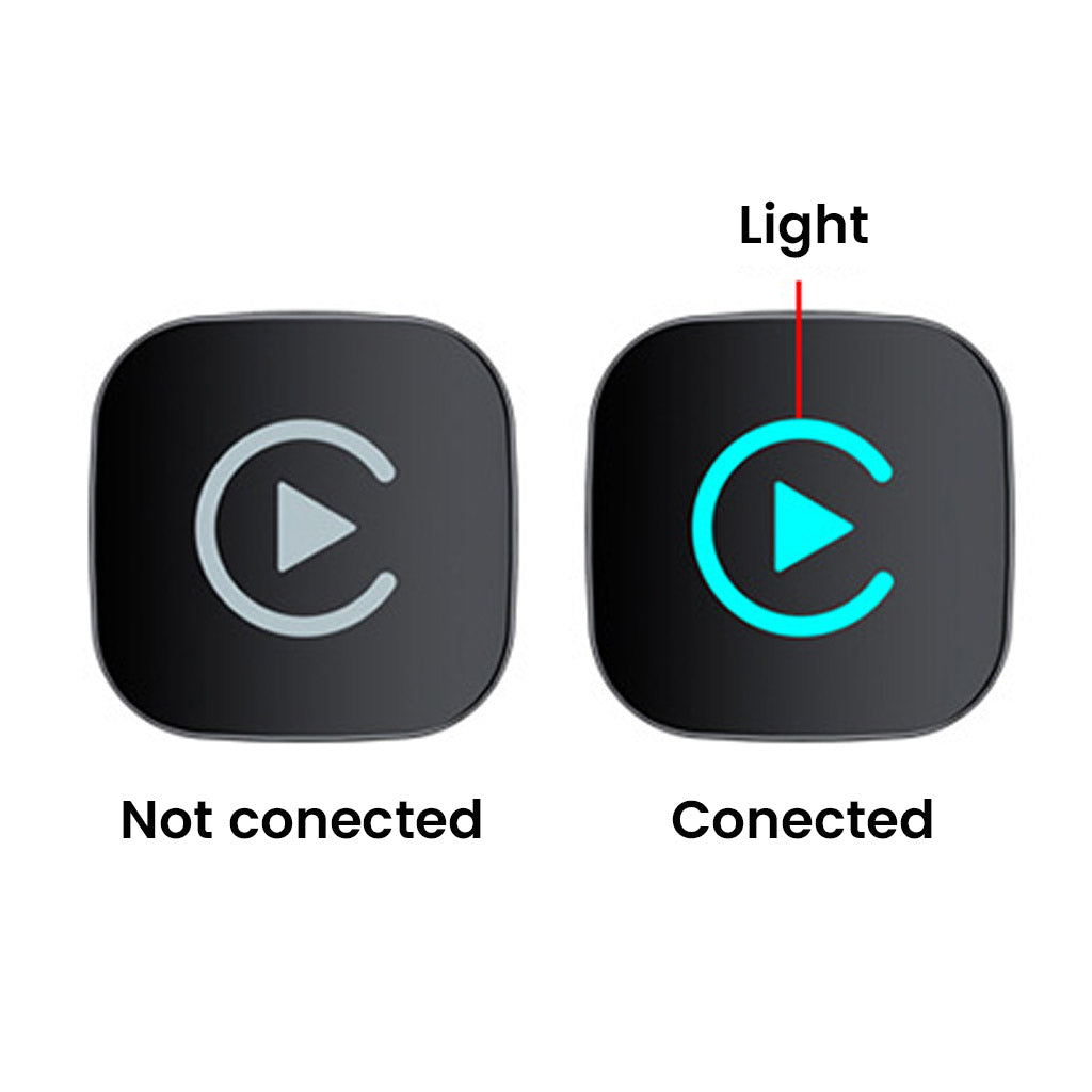 TECPHILE CarPlay adapter status indicators showing not connected and connected modes with LED light for wireless Android Auto and CarPlay.