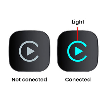 TECPHILE CarPlay adapter status indicators showing not connected and connected modes with LED light for wireless Android Auto and CarPlay.