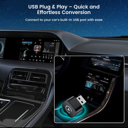 TECPHILE USB plug & play wireless adapter for CarPlay & Android Auto, connected to car's USB port for seamless wired to wireless conversion.