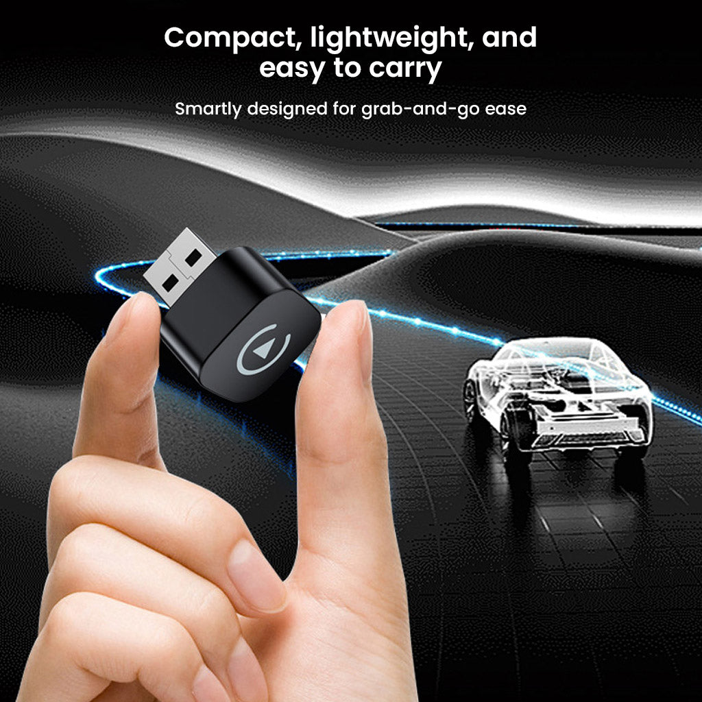Compact and lightweight TECPHILE wireless car play adapter held between fingers, ideal for portable use and easy car integration.