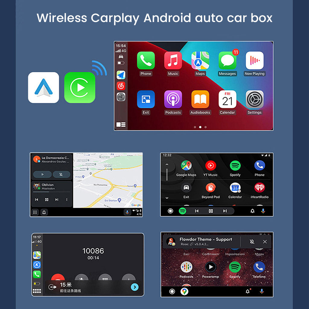 Various dashboard screens showing TECPHILE wireless CarPlay & Android Auto interface with navigation, music, and messaging apps.