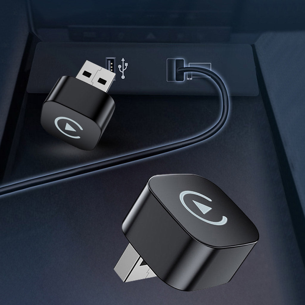 TECPHILE wireless car play adapter plugged into car USB port, enabling wireless CarPlay & Android Auto functionality.